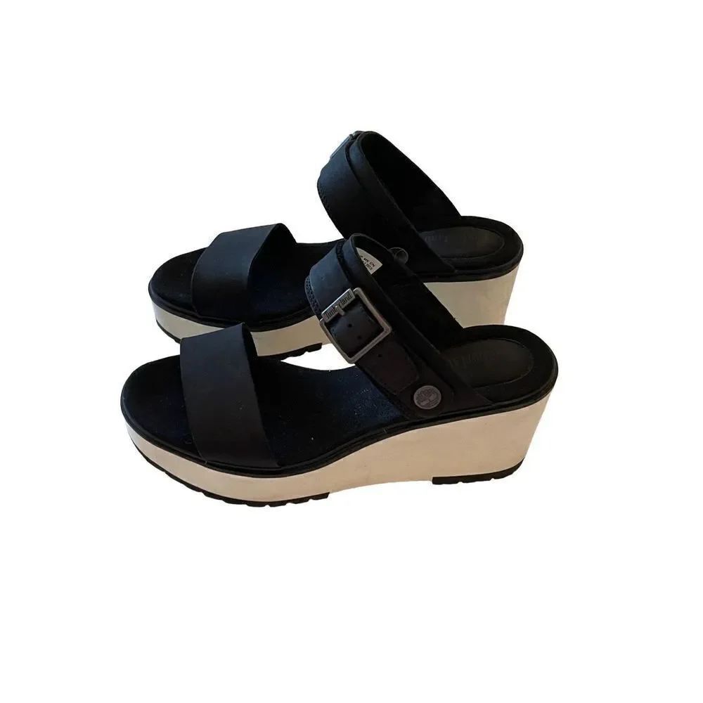 Timberland Womens Black White Slide Wedge Heel Sandal Size 8.5
